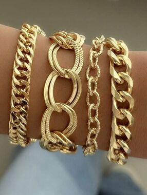18K Yellow Gold Plated Layered Chain Bracelet 4 Piece Set